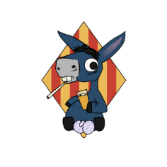 Logo Catagnoles : âne assis avec une cigarette en bouche, une bière à la main, devant un drapeau catalan.