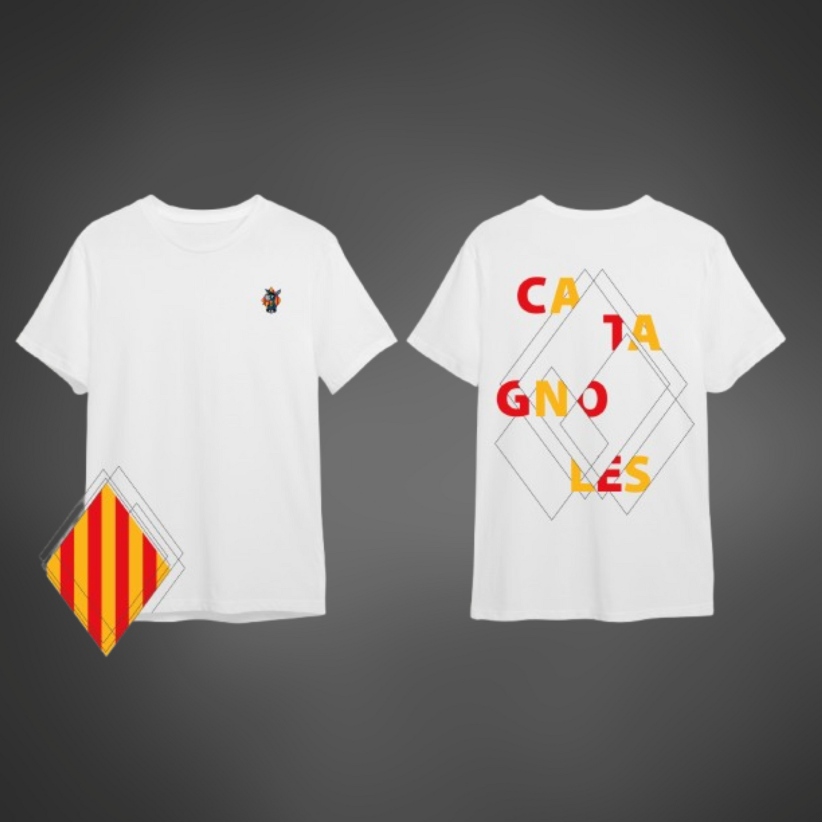 T-shirt Castillet Catagnoles en coton biologique, affichant le logo sur le devant et le mot "Catagnoles" dans le dos, alliant style, confort et engagement pour une mode durable.